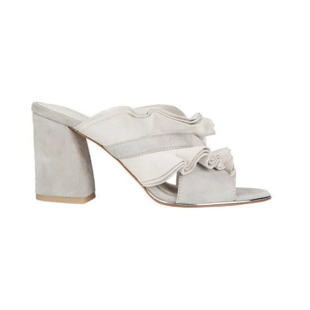Kenneth Cole Laken Women's 10M Gray Leather Ruffled Block Heel Slip On Sandals